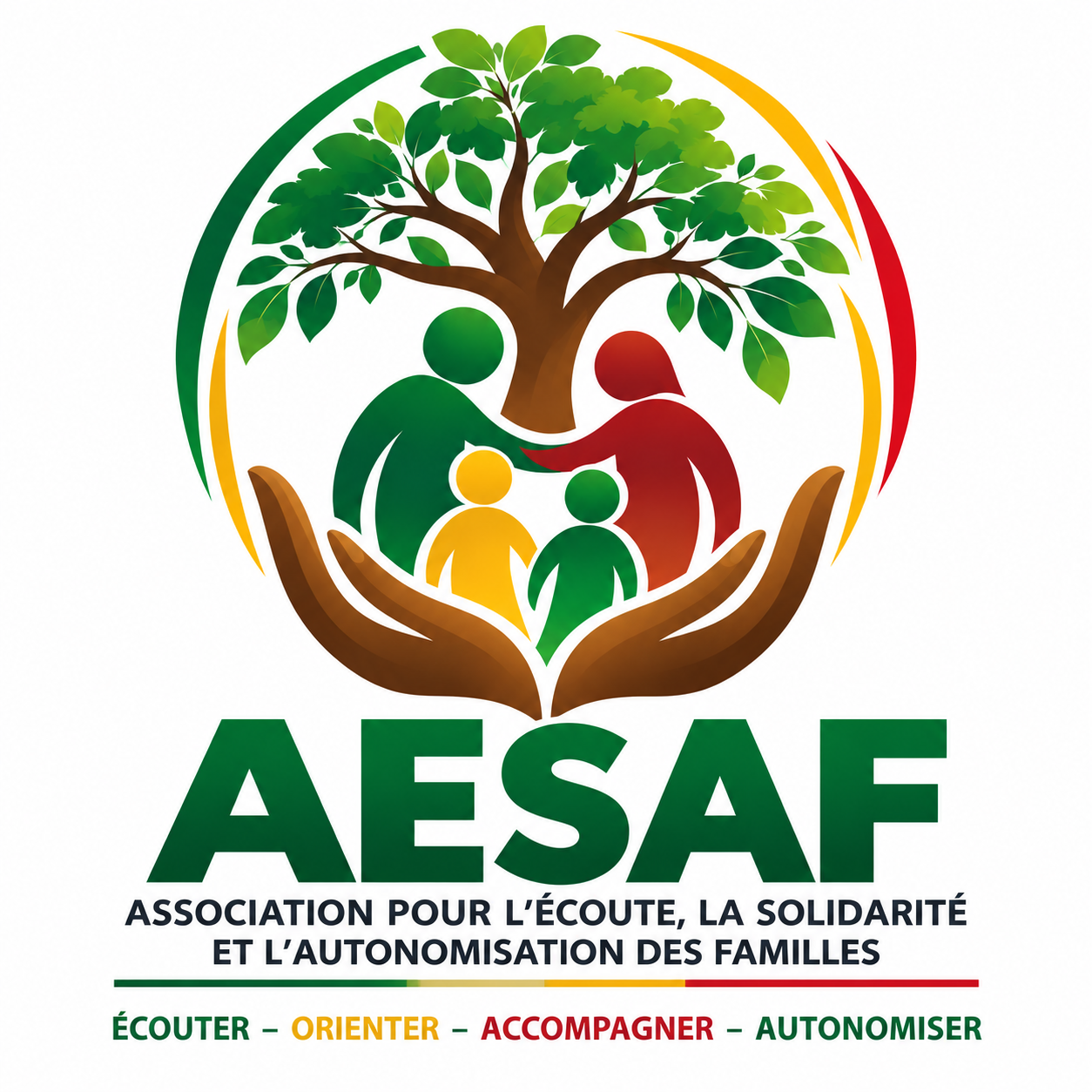 Logo AESAF : une famille protégée par des mains sous un arbre, et la devise Écouter, Orienter, Accompagner, Autonomiser